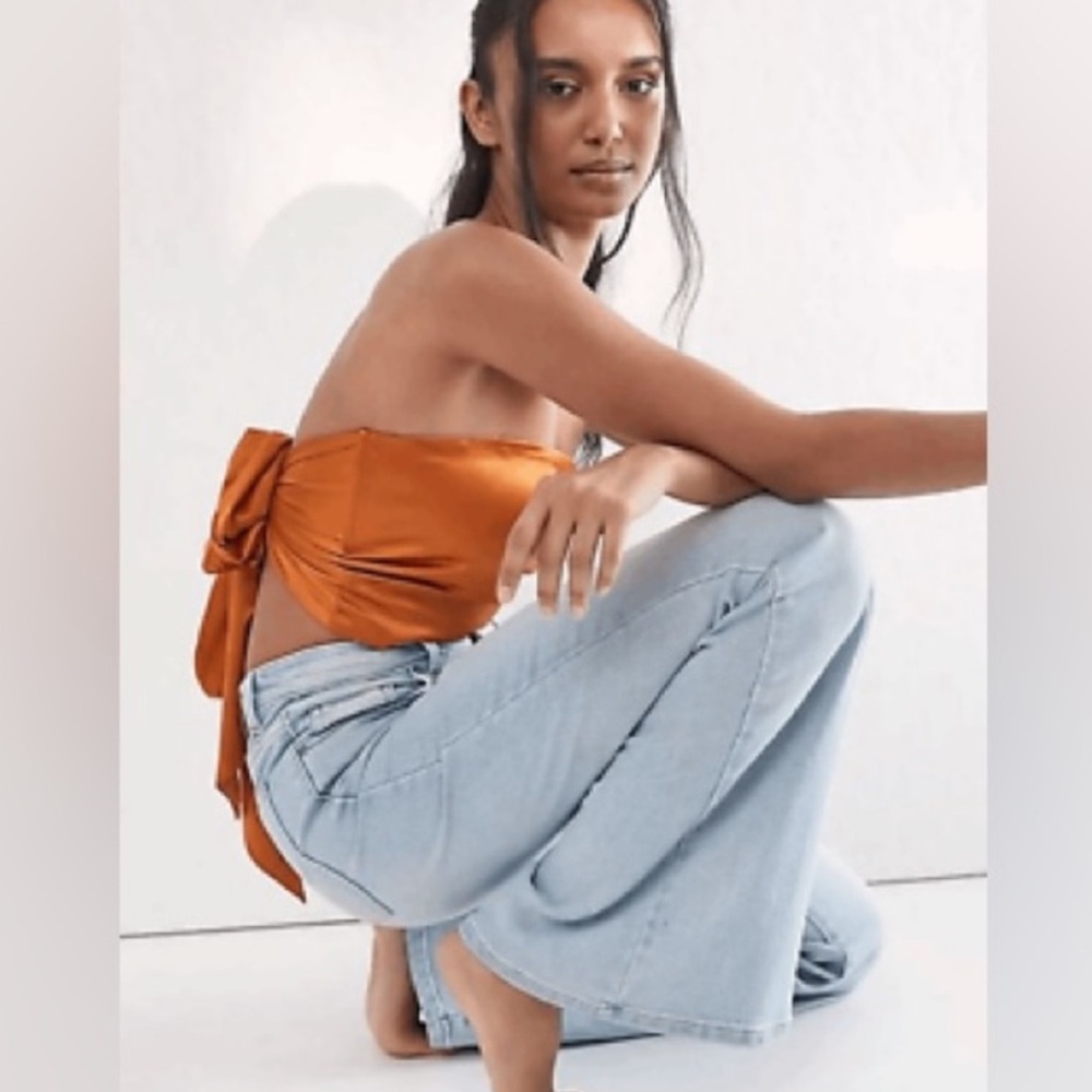 Free People Satin Wrap Tube Top Blouse teal